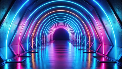 Colorful neon tunnel entrance with blue lights, neon, tunnel, entrance, colorful, illuminated, blue lights, perspective view