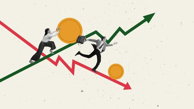 Stop motion. Creative animation. Woman moves her coins go up on chart and man try to catch up money going down over chart. Concept of business and finance, financial literacy, investment strategies.