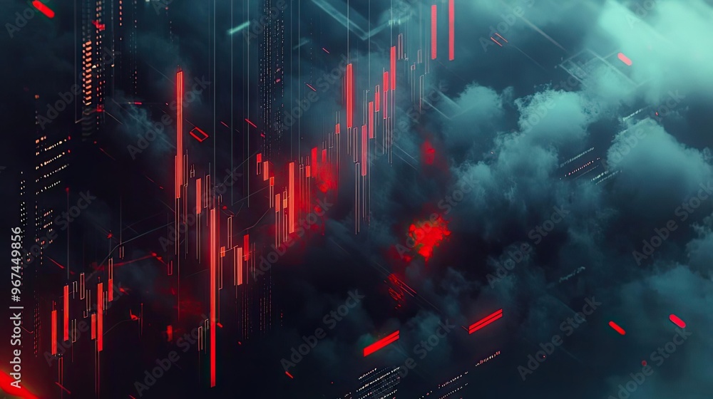 Poster a dynamic digital abstract showcasing red lines and clouds, symbolizing technology and data in a cap