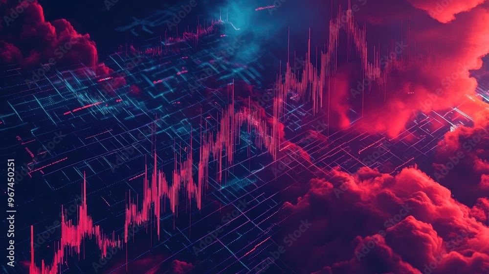 Poster vibrant abstract visualization of data trends with colorful peaks, representing digital analysis and
