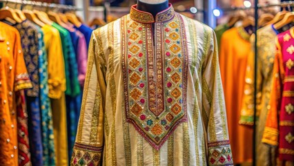Designer kurta with intricate embroidery on display at a shop in Dilli Haat