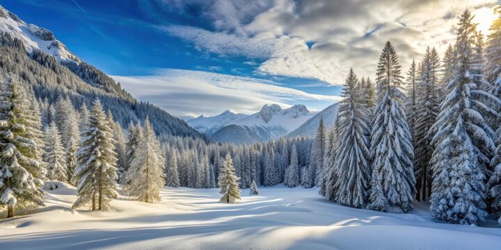 Winter landscape of Arven Wald in Swiss National Park, snow, trees, forest, mountains, Switzerland, cold, nature, outdoors