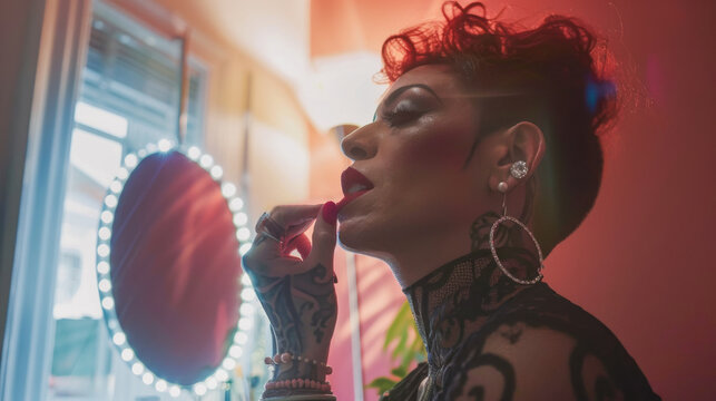 Transgender drag queen doing daily routing making up at home - Focus on face - Model by AI generative