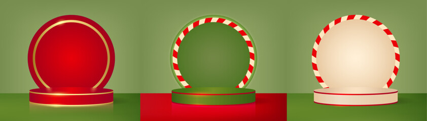 Christmas podium set for display product presentation. Xmas holiday vector pedestal stage. New Year round cylinder stand