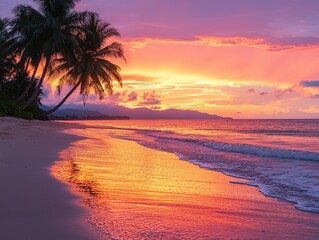 Tropical Sunset Beach with Palm Trees and Waves