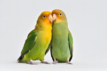 A pair of lovebirds one green and one yellow perched on a white background, AI Generated
