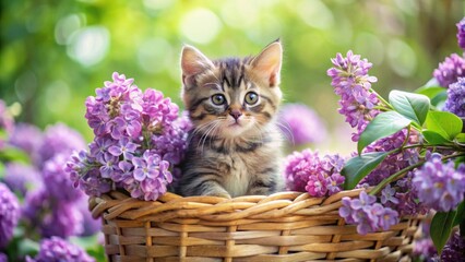 Kitten sitting in basket of spring lilacs, kitten, basket, spring, lilacs, flowers, cute, adorable, pet, animal, fluffy