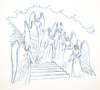 Vector drawing. Angels on the stairs leading to heaven