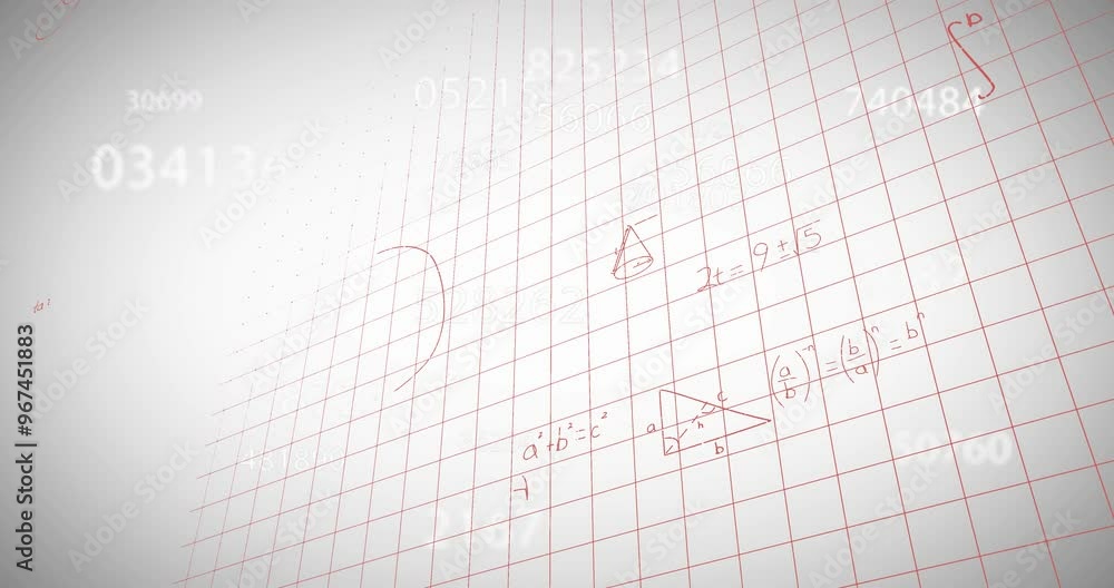 Poster animation of mathematical data processing over squared white background