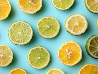 Fototapeta premium Fresh Lemon and Lime Slices on Blue Background