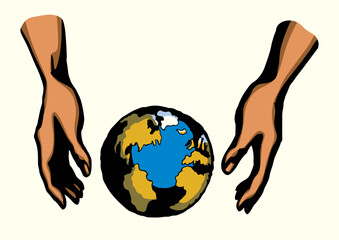 God's hand creates earth. Vector drawing