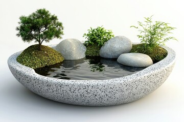 Miniature zen garden with small trees, rocks and pond in concrete bowl