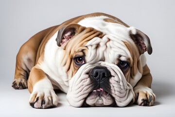 Fototapeta premium A relaxed english bulldog lying down on a white background, Ai Generated