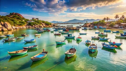 Vinh Hy Bay with old fishermen's boats parked, a famous solo traveler spot in Phan Rang, Ninh Thuan