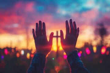 Silhouette of Hands Raised in Worship with Blurred Cross and Sunset, Colorful Easter Concept