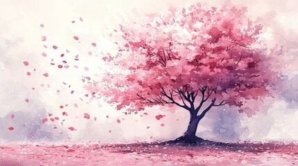 Romantic watercolor scene of a cherry blossom tree in full bloom, with petals gently falling to the ground.