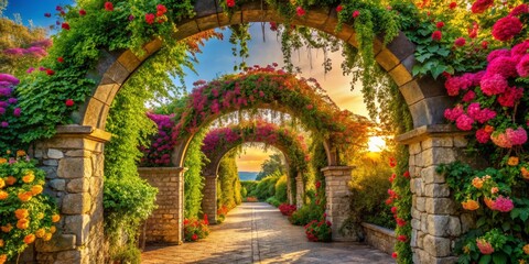 Fototapeta premium A grand stone archway is adorned with lush green vines and vibrant flowers of pink, yellow, and orange, emitting a warm afternoon glow.