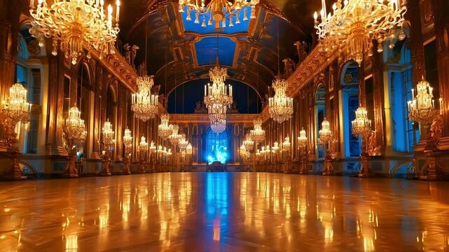 Wide shot of a majestic hall interior with a shiny floor reflecting the light of numerous crystal chandeliers, while a hologram projection is being displayed at the far end