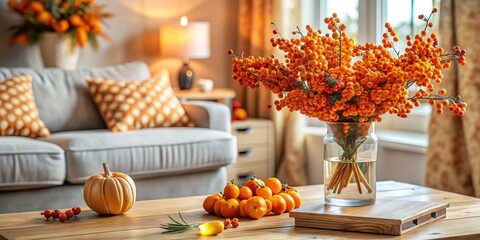Naklejka premium Cozy living room with vase of orange berries and autumnal decor, orange accents, warm seasonal atmosphere
