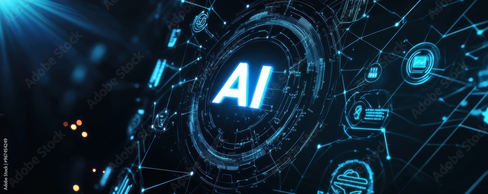 Poster futuristic ai interface surrounded by digital icons symbolizing technology, innovation, and artifici