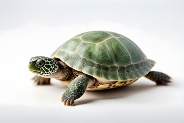Fototapeta premium A tiny green turtle with a patterned shell crawling on a white background, AI Generated