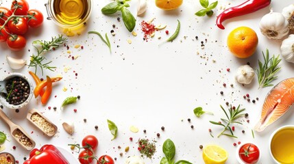 Cooking theme with ingredients on white background for tasty dishes