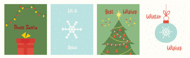 Happy holidays 2024 greeting cards collection. Cute flat Christmas cartoon postcards with warm wishes.