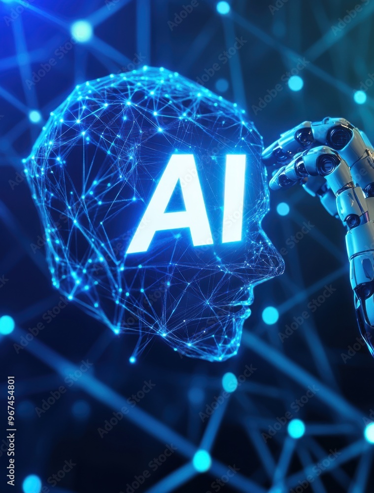 Poster futuristic robotic hand interacting with ai network connections illustrating advanced artificial int