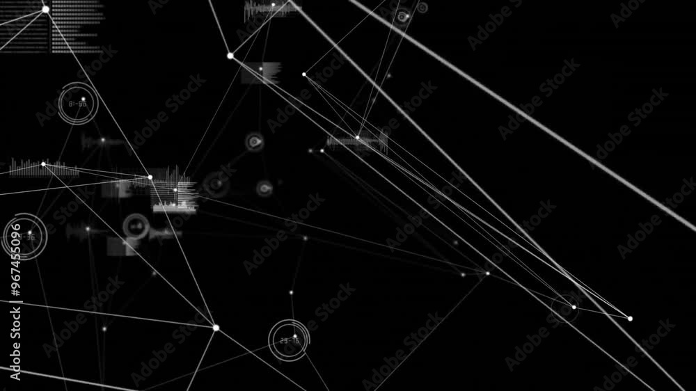 Poster animation of network of connections over data processing on black background