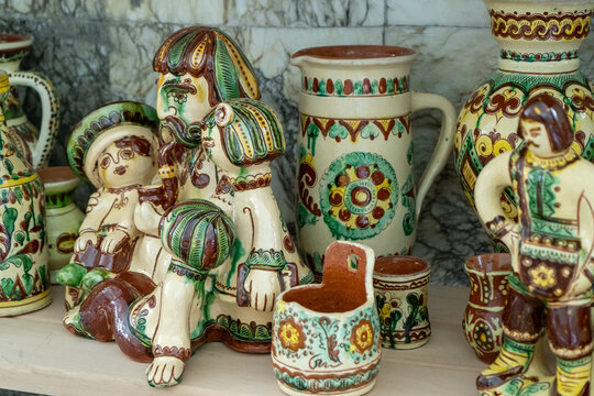 Ukrainian dishes. Clay ceramics. Old crockery decor. Kosiv painting.