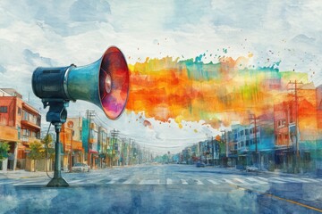 A vibrant street scene with a megaphone, releasing colorful sound waves in a captivating watercolor style.