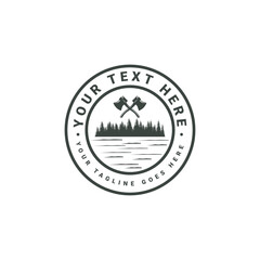 Summer camp vector logo featuring a circular emblem with a tent mountain and pine trees.
