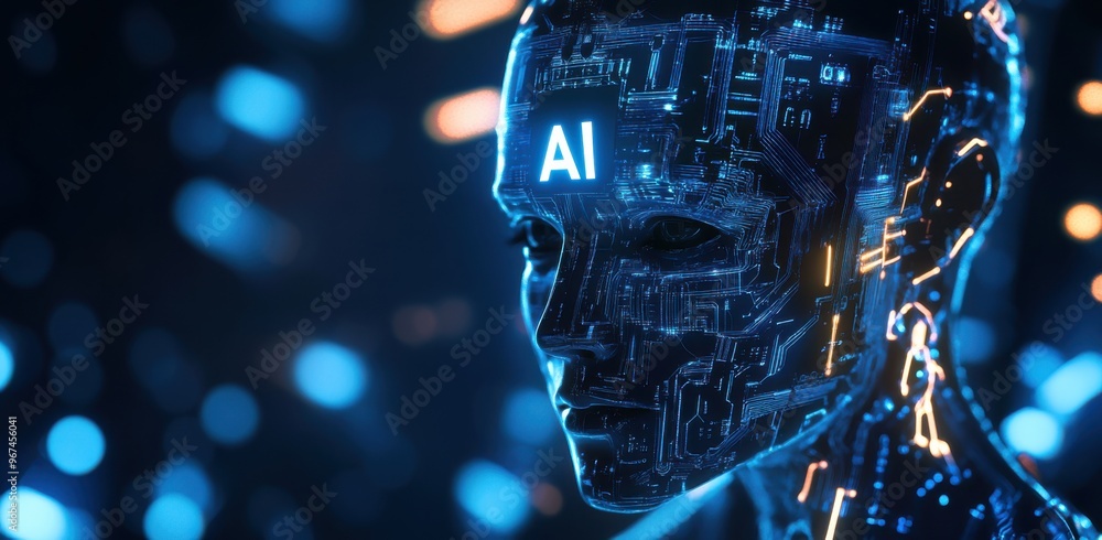 Poster futuristic ai robot head with glowing letters symbolizing artificial intelligence and digital techno