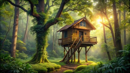 Cozy tree house nestled in a lush forest setting, tree house, forest, cozy, tranquil, nature, hideaway, retreat, cabin