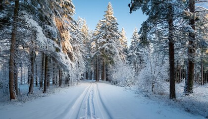 Snowy trail through a frosted pine forest.