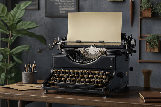 Vintage typewriter on a rustic desk with a sheet of paper, ideal for showcasing creativity and nostalgia in a workspace.