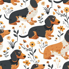Vector seamless pattern with cute dogs, flowers on a light background. Cute dogs in different poses. Dog pattern, home print is perfect for children's textiles.