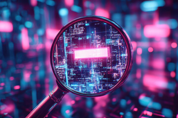 A close-up view of a magnifying glass reflecting colorful digital data patterns, representing technology and innovation.