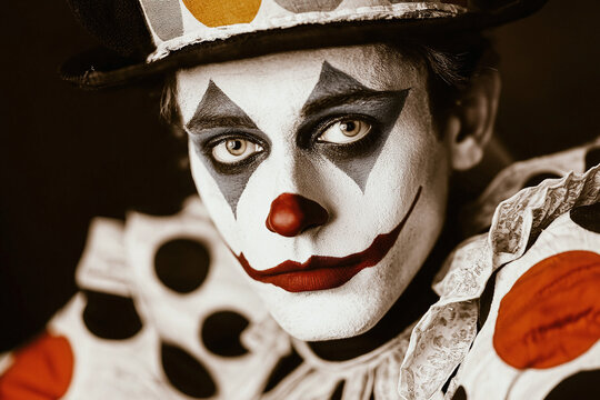 a vintage circus freak character from the 1930s, with exaggerated features and a retro costume, posed in front of a weathered backdrop