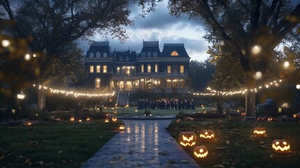A spooky mansion garden party jack-o-lanterns glowing in the trees