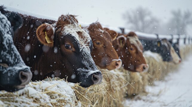 Cows eating straw on feed line amid snow cover in winter