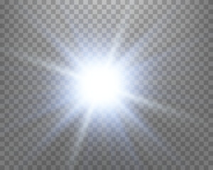 Blue sunlight lens flare, sun flash with rays and spotlight. Glowing burst explosion on a transparent background.  
Vector illustration.