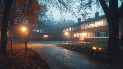 A spooky school building at night jack-o-lanterns glowing on every window