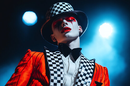 a circus freak performer in vintage clothes, posed dramatically under old-fashioned stage lights
