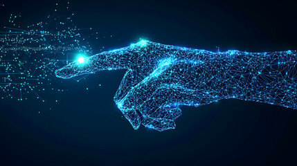A digital wireframe human hand reaches out to touch a glowing dot, symbolizing futuristic technology, innovation, and human-machine interaction