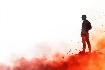 Fototapeta premium A silhouette of a soldier standing amidst smoke and dramatic colors, representing bravery and sacrifice.