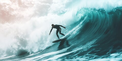 A surfer skillfully rides a massive wave under a dramatic sky, capturing the essence of adventure and ocean sports.