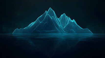 Abstract low-poly digital iceberg floating on a dark ocean, symbolizing hidden depths, data, and technology with a geometric design