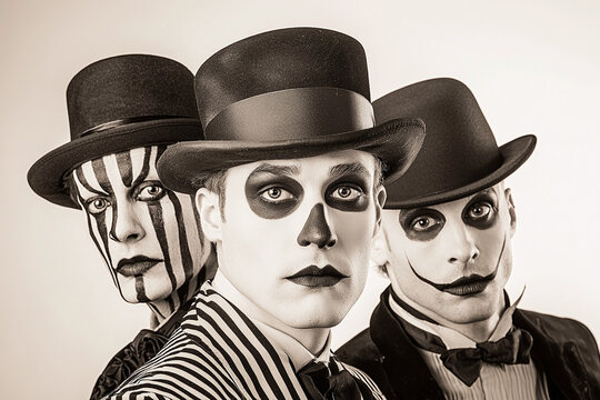 a group portrait of three vintage circus freak characters from the 1930s, arranged in a classic freak show setting