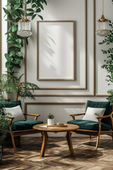 Fototapeta premium Modern living room with plants and empty frame